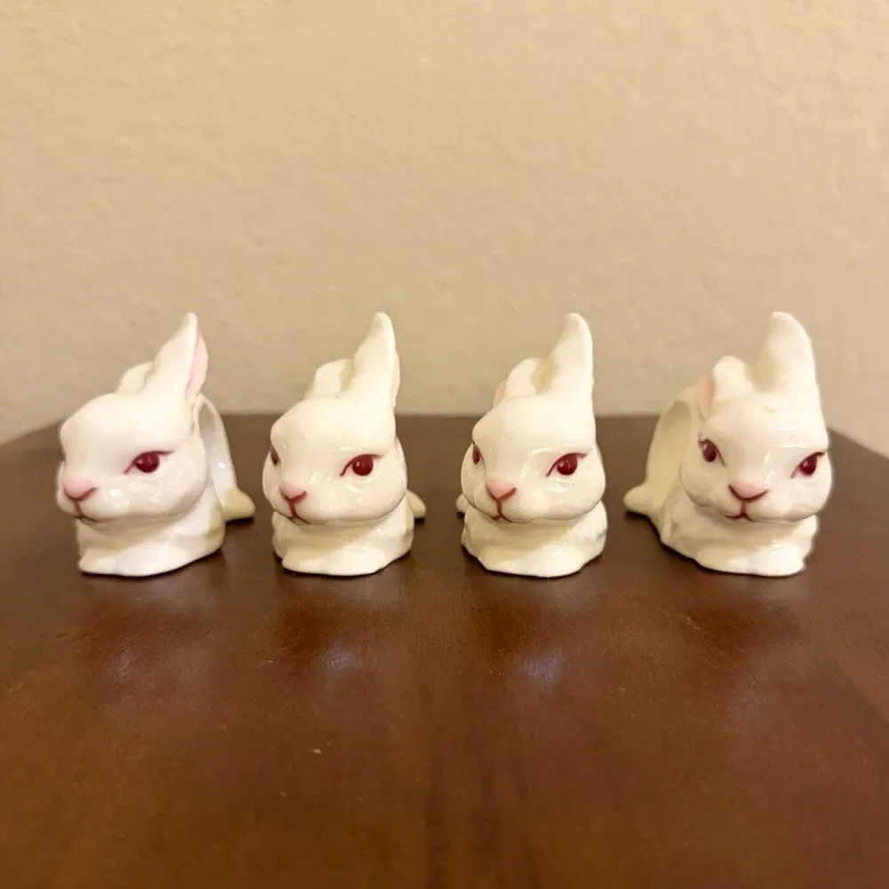 Vintage Ceramic Bunny Rabbit Napkin Rings Set of 4 White Pink Animal Theme